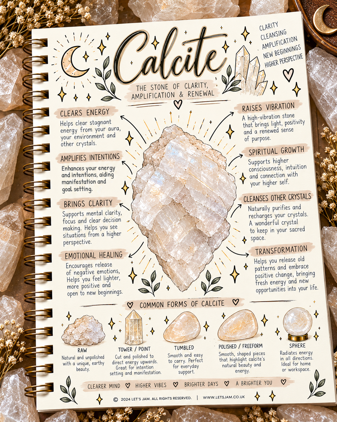 Calcite crystal meaning infographic, the stone of clarity, amplification & renewal - Let's Jam, Camden Town