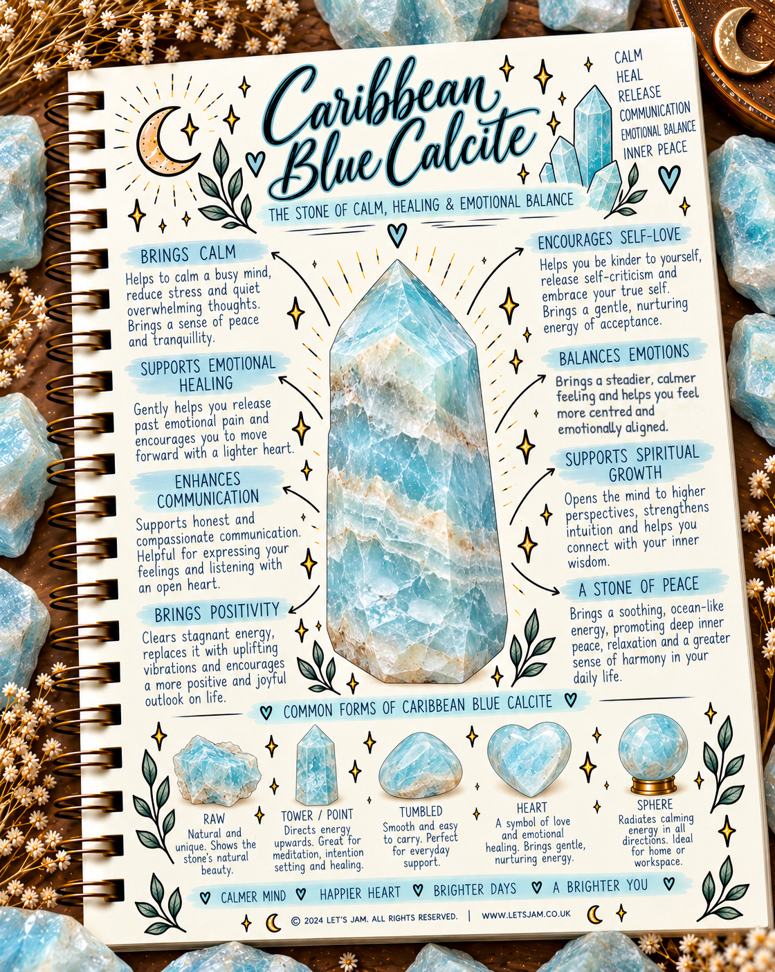 Caribbean blue calcite crystal meaning infographic, the stone of calm, healing & emotional balance - Let's Jam, Camden Market, London