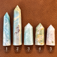 Load image into Gallery viewer, Five Caribbean blue calcite crystal towers numbered one to five to choose from - Let's Jam, Camden Market
