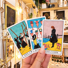 Load image into Gallery viewer, Three modern witch style tarot cards held in the hand - Let's Jam, Camden Town London
