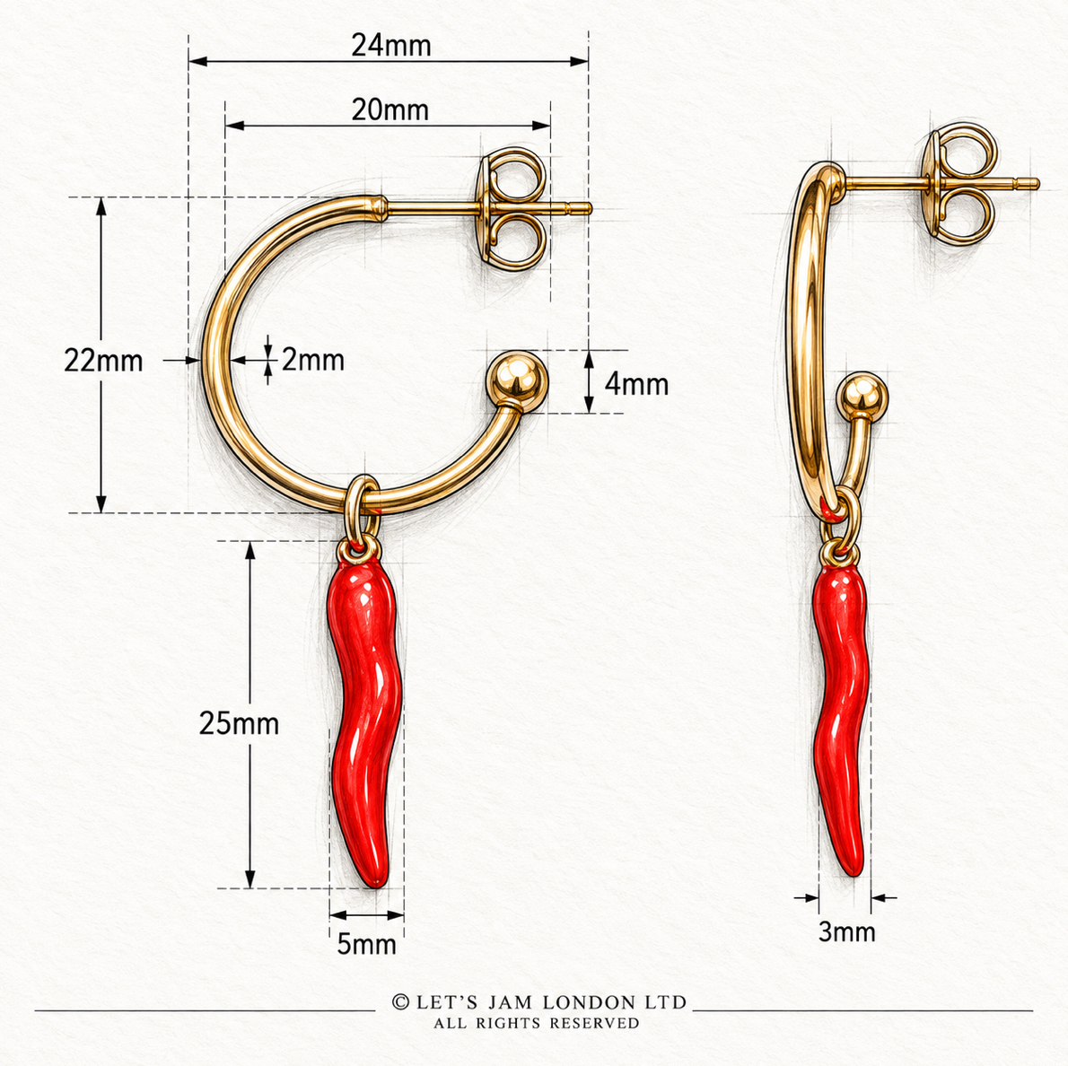 Chilli pepper earrings shown in both sizes, 15mm and 20mm - Let's Jam, Camden Market