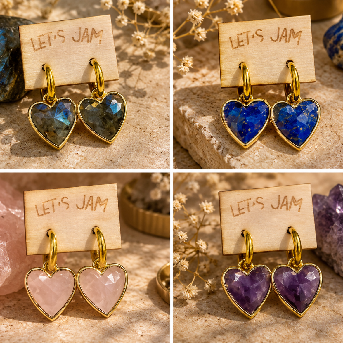 Crystal heart earrings in all four colours, labradorite, lapis lazuli, rose quartz and amethyst - Let's Jam, Camden Market, London