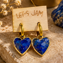 Load image into Gallery viewer, Deep blue lapis lazuli crystal heart earrings on a Let's Jam card - Let's Jam, Camden Town London
