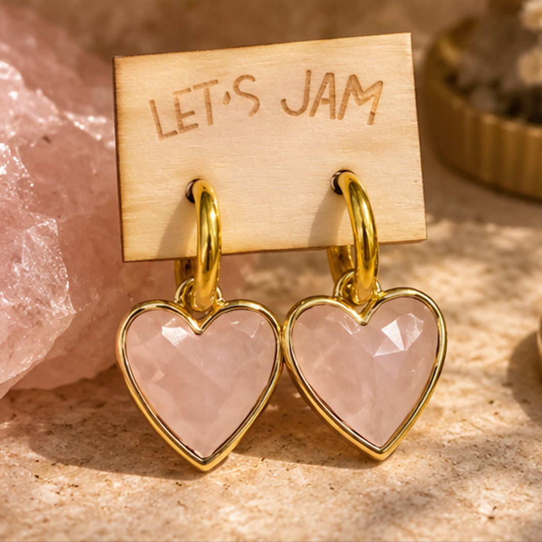 Pale pink rose quartz crystal heart earrings on a Let's Jam card - Let's Jam, Camden Town London