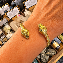 Load image into Gallery viewer, Gold double snake cuff bangle worn on the wrist - Let's Jam, Camden Town London
