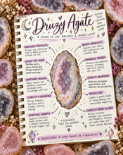 Load image into Gallery viewer, Druzy agate crystal meaning infographic, a stone of joy, balance &amp; inner light - Let's Jam, Camden Market, London
