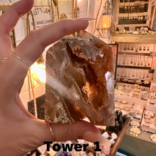 Load image into Gallery viewer, Druzy agate crystal tower number one, banded brown stone with sparkling geode pockets - Let's Jam, Camden Town
