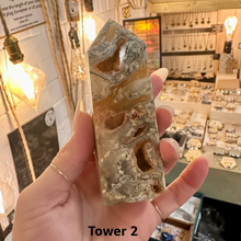 Load image into Gallery viewer, Druzy agate crystal tower number two, polished with natural geode holes - Let's Jam, Camden Market
