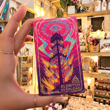 Load image into Gallery viewer, Eldritch Overload cyberpunk tarot in bright neon pink, held in the hand - Let's Jam, Camden Market
