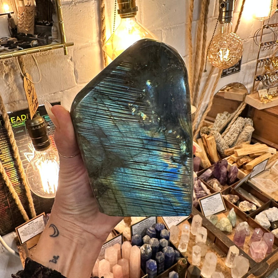 Close detail of the dark inclusions under the labradorite flash - Let's Jam, Camden Market London
