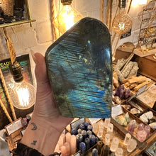 Load image into Gallery viewer, Labradorite freeform lighting up electric blue and gold in the light - Let's Jam, Camden Town
