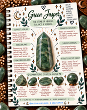 Load image into Gallery viewer, Green jasper crystal meaning infographic, the stone of healing, balance &amp; renewal - Let's Jam, Camden Town London
