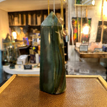 Load image into Gallery viewer, Deep green jasper tower with golden veins, front view - Let's Jam, Camden Town
