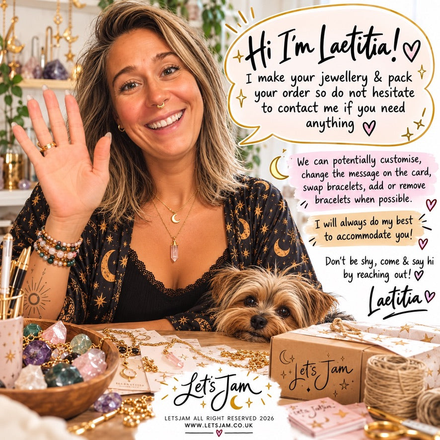 Laetitia waving at her workbench with her Yorkie, offering to change the card message and swap, add or remove bracelets - Let's Jam, Camden Market