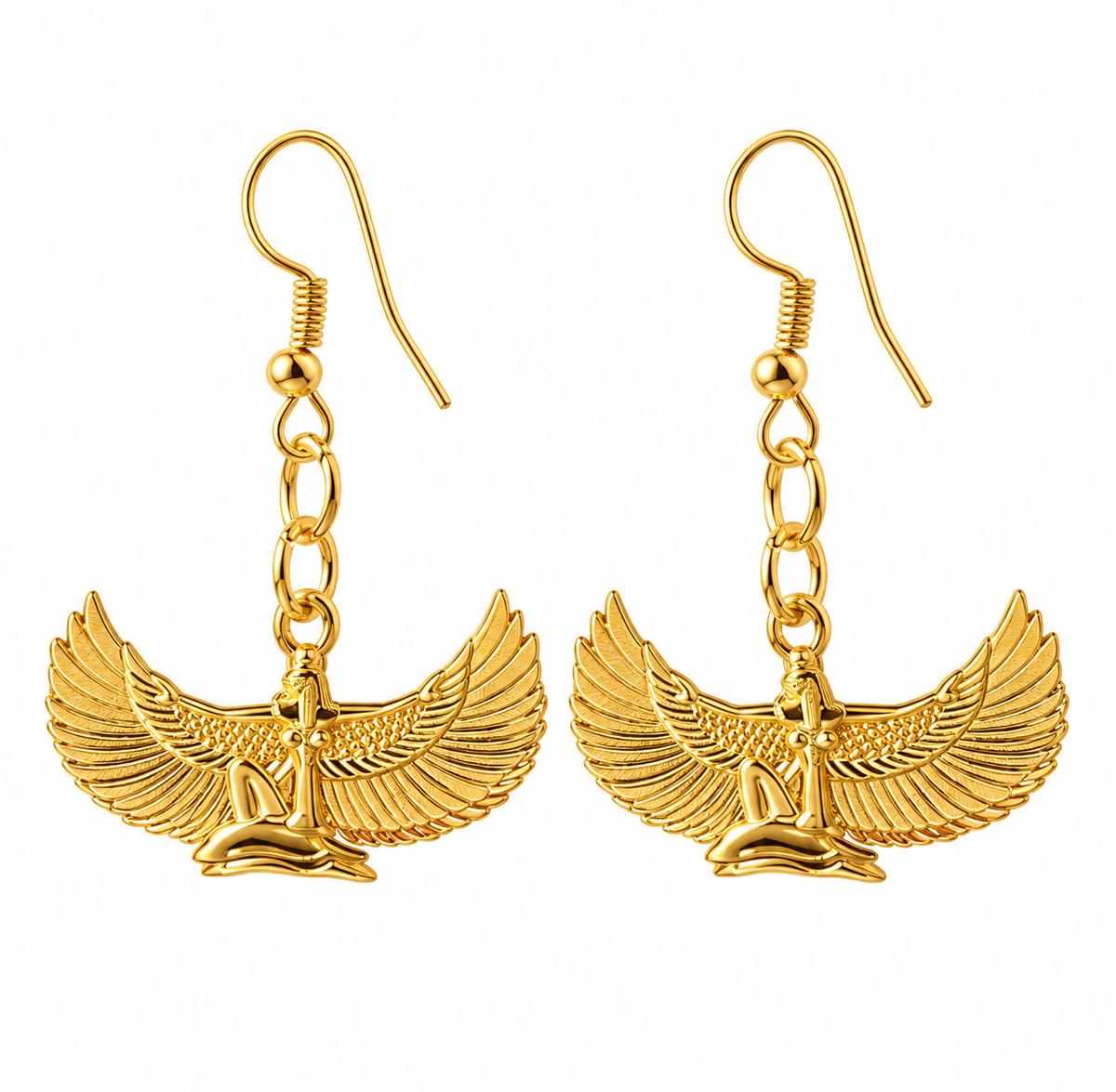 Pair of gold goddess Isis drop earrings on hooks - Let's Jam, Camden Town London