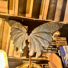 Load image into Gallery viewer, Labradorite butterfly on its stand in front of a bookshelf - Let's Jam, Camden Market London
