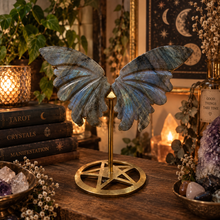 Load image into Gallery viewer, Hand-carved labradorite butterfly wings on a gold stand, flashing blue - Let's Jam, Camden Market
