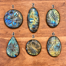 Load image into Gallery viewer, Six carved labradorite cabochons numbered one to six to choose from - Let's Jam, Camden Town
