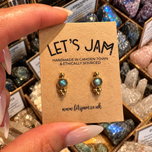 Load image into Gallery viewer, Labradorite stud earrings in gold settings on a card - Let's Jam jewellery, Camden Market, London
