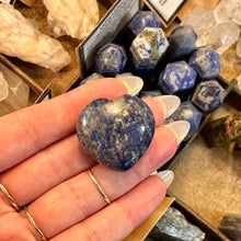 Load image into Gallery viewer, Lapis lazuli heart resting in the palm to show its size - Let's Jam, Camden Town
