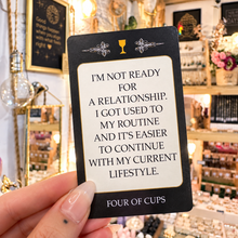 Load image into Gallery viewer, Black Four of Cups shadow card with its message written out - Let's Jam, Camden Market London
