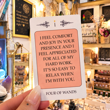 Load image into Gallery viewer, White Four of Wands light card with its message written out - Let's Jam, Camden Market, London
