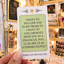 Load image into Gallery viewer, Green Three of Pentacles card with its message in plain words - Let's Jam, Camden Town London
