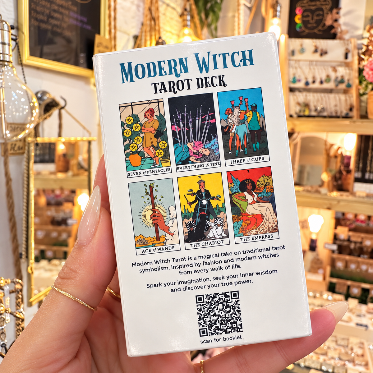 Back of the Modern Witch Tarot box with its QR code and sample cards - Let's Jam, Camden Town