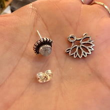 Load image into Gallery viewer, Moonstone stud with its lotus back and butterfly clasp in the hand - Let's Jam, Camden Town London
