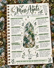 Load image into Gallery viewer, Moss agate crystal meaning infographic, the stone of new beginnings - Let's Jam, Camden Market
