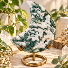 Load image into Gallery viewer, Moss agate moon crescent on a gold stand, white stone with green mossy markings - Let's Jam, Camden Market
