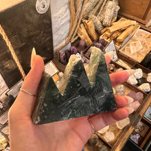 Load image into Gallery viewer, Moss agate crystal tower number two, polished to a soft sheen - Let's Jam, Camden Market London
