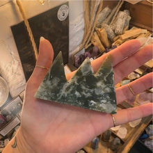 Load image into Gallery viewer, Close up of a moss agate tower showing the deep green mossy inclusions - Let's Jam, Camden Town
