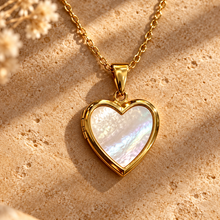 Load image into Gallery viewer, Gold mother of pearl heart locket on a chain - Let's Jam, Camden Market
