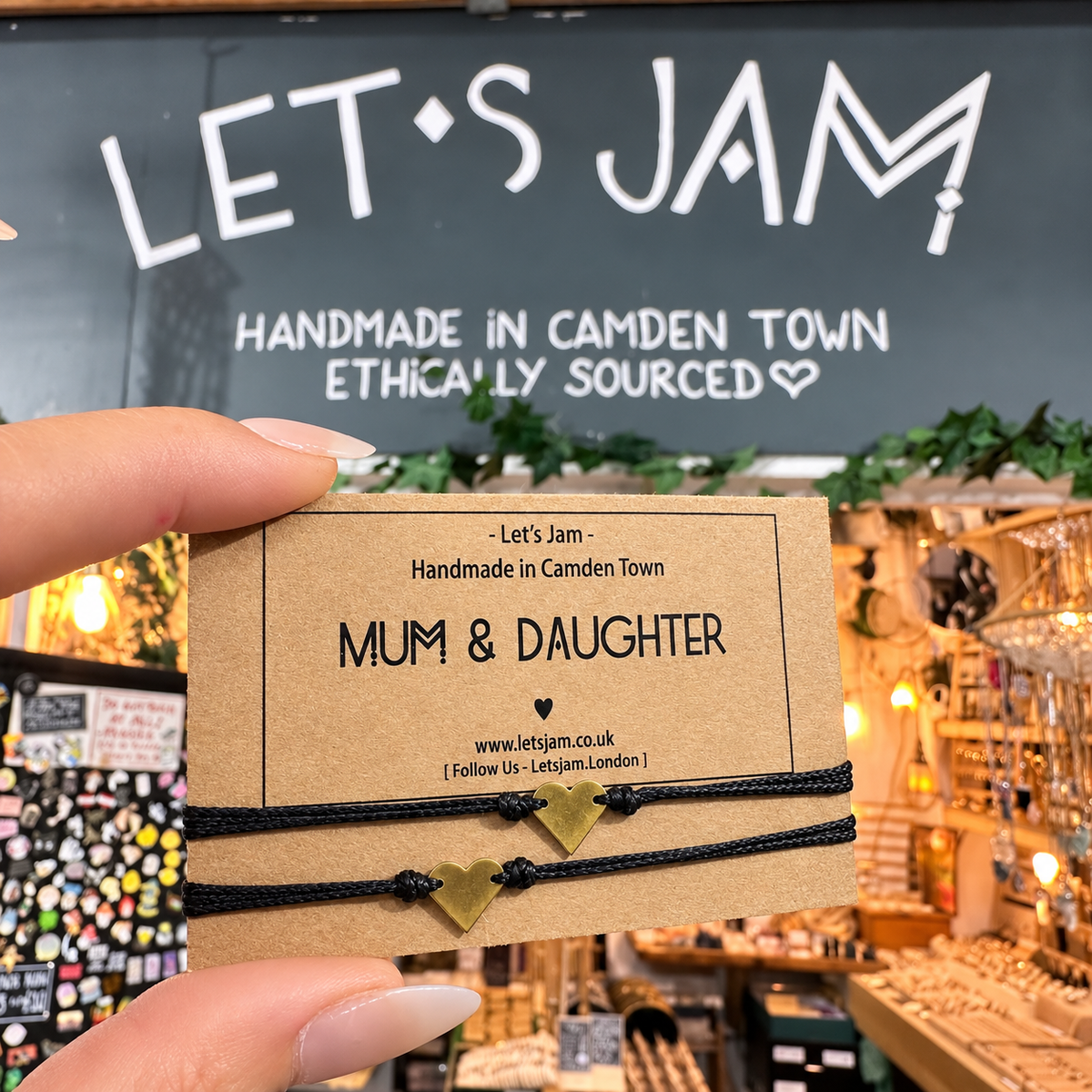 Two black cord bracelets with gold heart charms on a Let's Jam "Mum & Daughter" card - Let's Jam, Camden Market, London