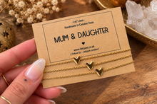 Load image into Gallery viewer, Three gold chain bracelets with heart charms on a Let's Jam "Mum &amp; Daughter" card - the set of three, Let's Jam, Camden Market, London
