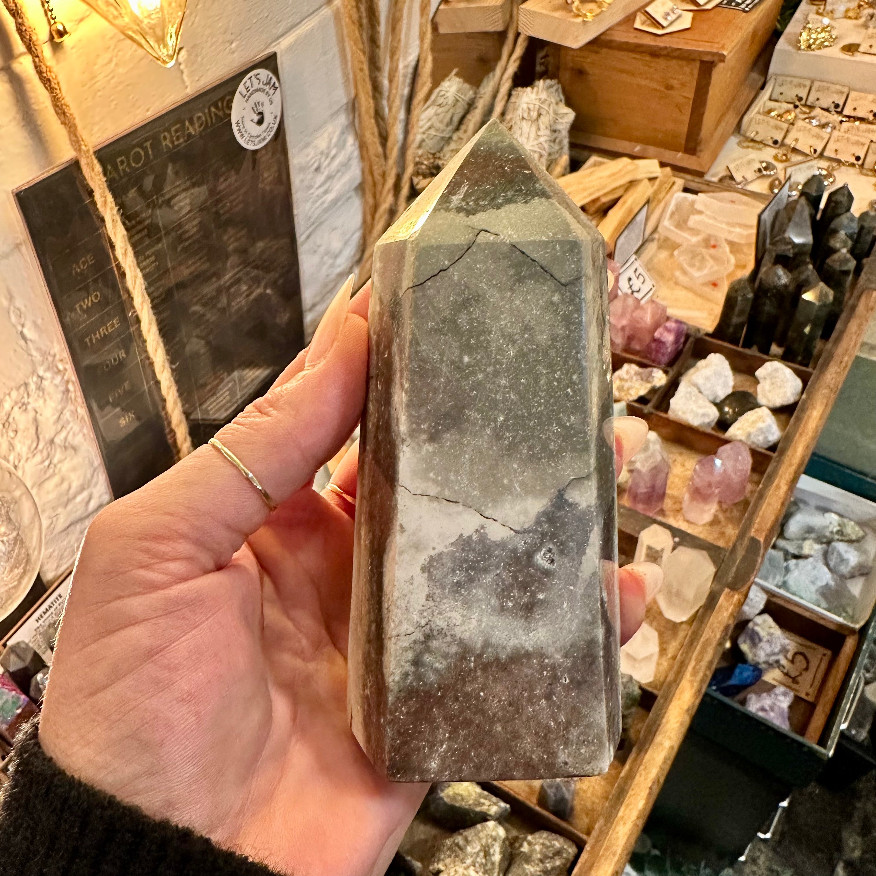 Ocean jasper tower with sparkling druzy pockets held in the hand - Let's Jam, Camden Town