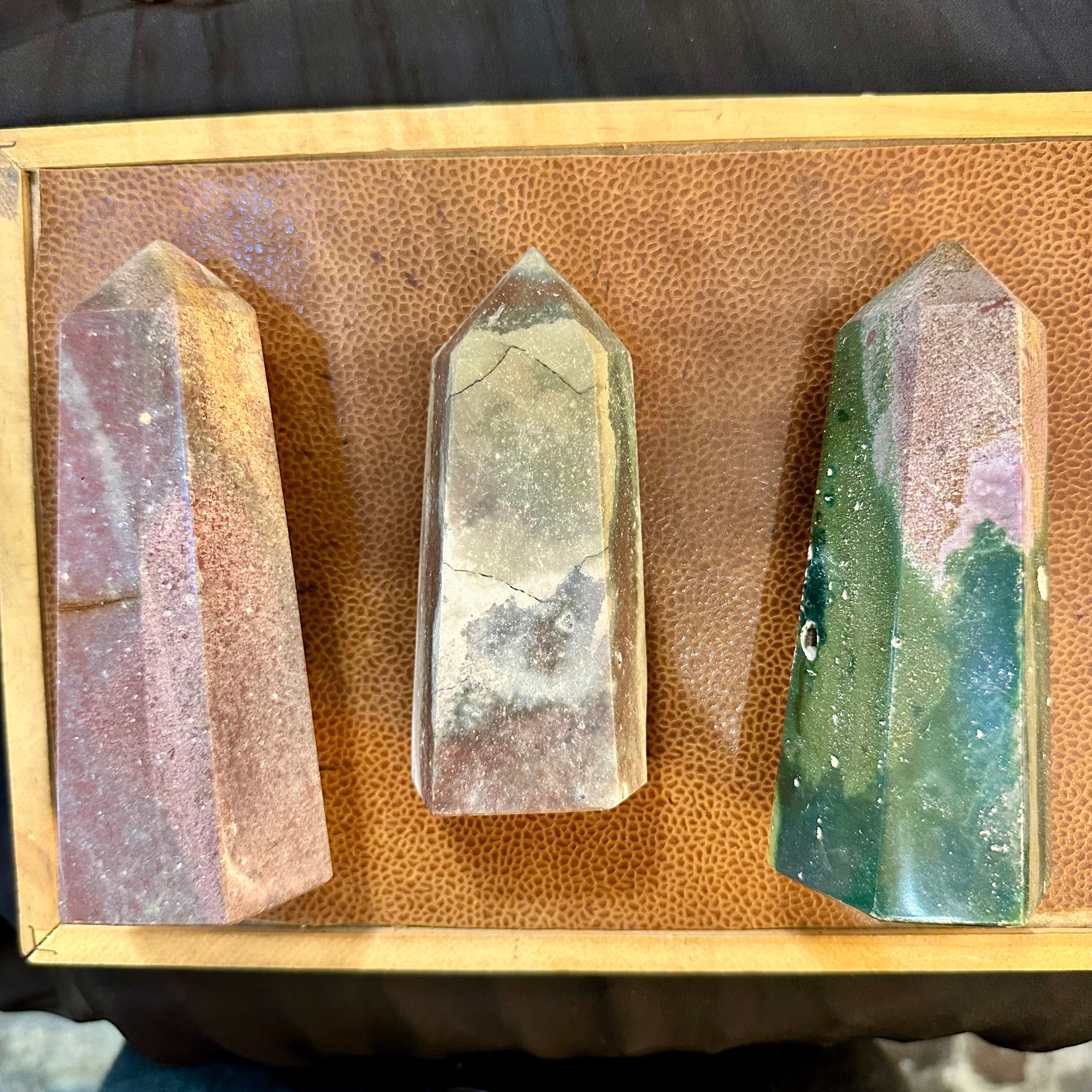 Three ocean jasper towers laid side by side to compare size and colour - Let's Jam, Camden Town