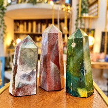 Load image into Gallery viewer, Three ocean jasper crystal towers in pink, grey and green - Let's Jam, Camden Market
