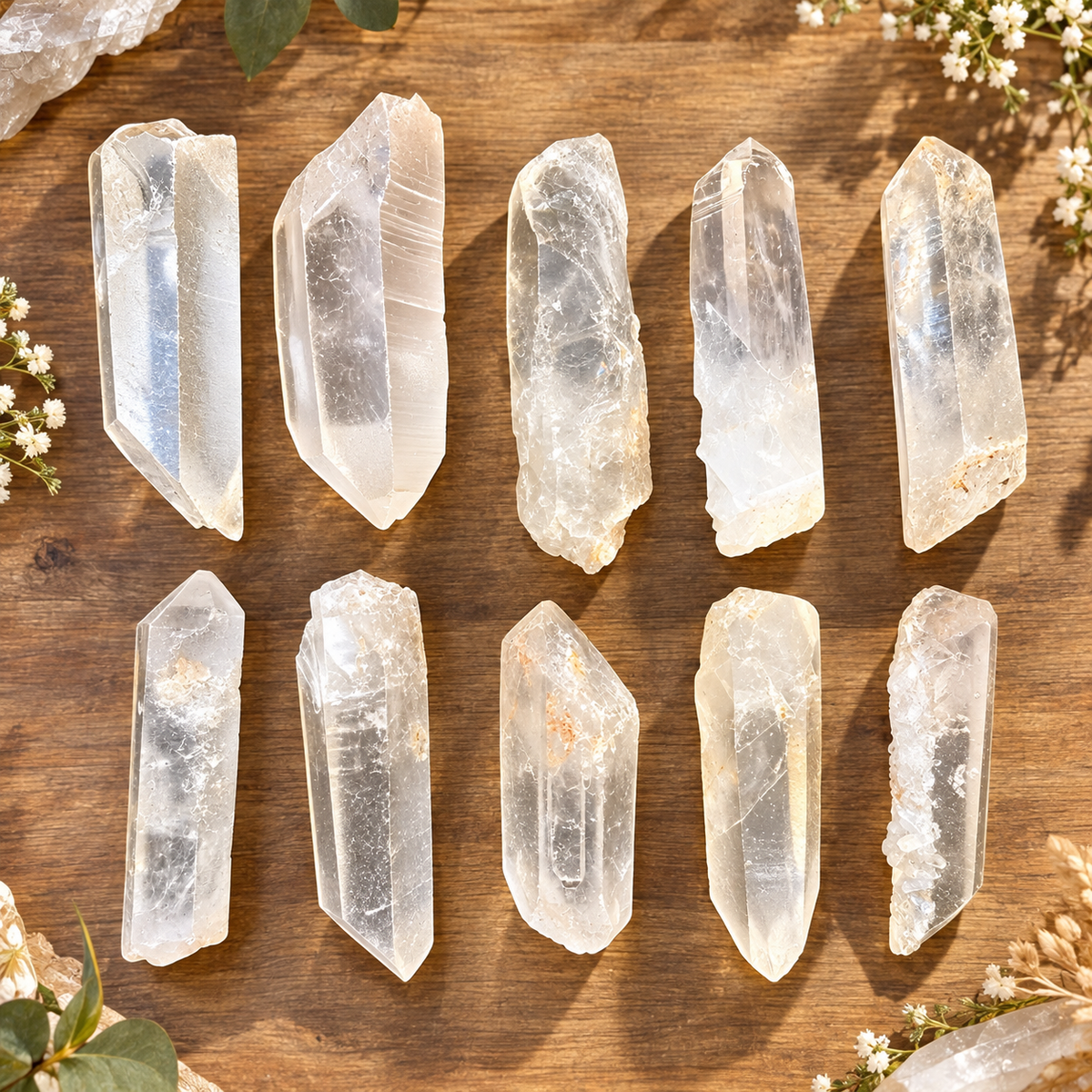 Ten raw clear quartz points in two rows on a wooden table with dried flowers - Let's Jam, Camden Market