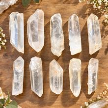 Load image into Gallery viewer, Ten raw clear quartz points in two rows on a wooden table with dried flowers - Let's Jam, Camden Market
