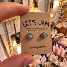 Load image into Gallery viewer, Grey labradorite stud earrings held on a card - Let's Jam, Camden Town
