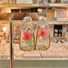 Load image into Gallery viewer, Chunky clear resin hoops with a real red flower and gold flecks - Let's Jam, Camden Town London
