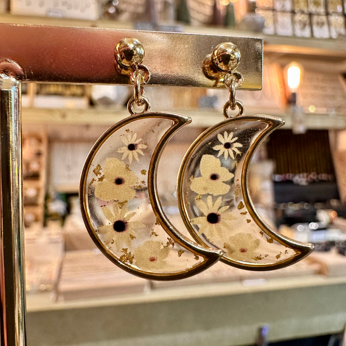 Crescent moon resin earrings with real white pressed flowers - Let's Jam, Camden Town
