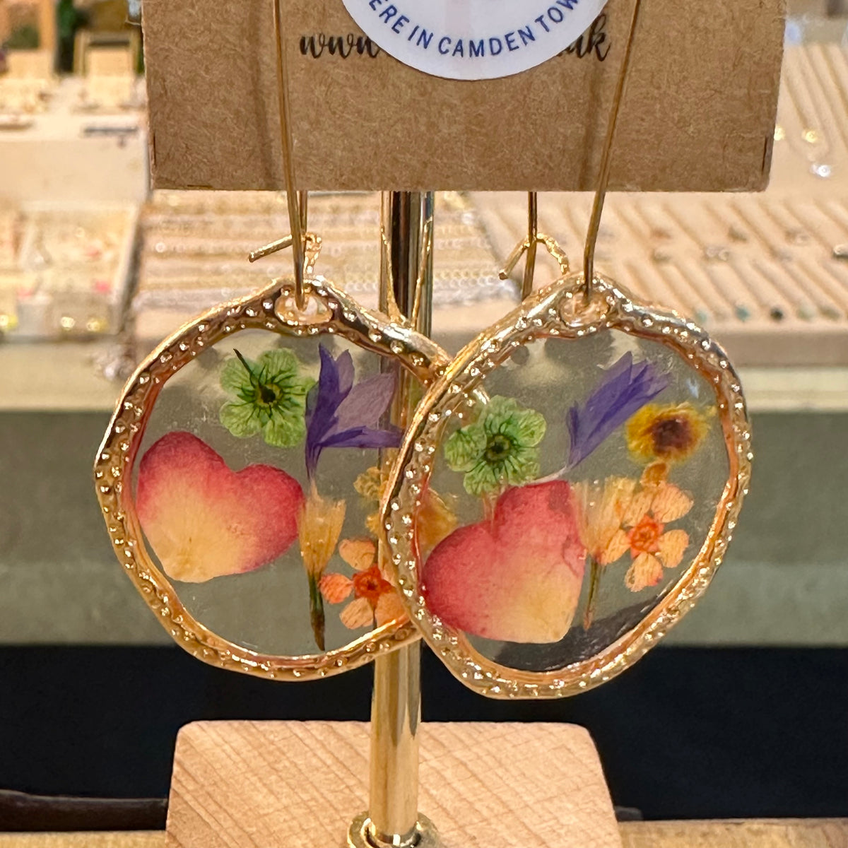 Hammered gold frame earrings with a real rose petal and colourful flowers in resin - Let's Jam jewellery, Camden Market
