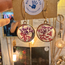 Load image into Gallery viewer, Round resin earrings with real purple and pink lace flowers on a handmade card - Let's Jam, Camden Market, London
