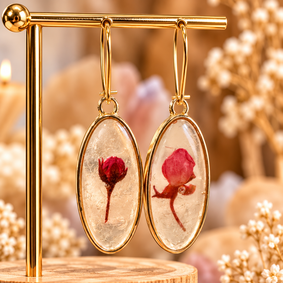 Oval resin earrings with a single real red flower hanging on a gold stand - Let's Jam, Camden Market