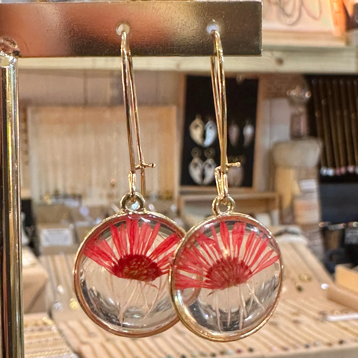 Round resin earrings with a real red pressed flower in gold frames - Let's Jam, Camden Market London