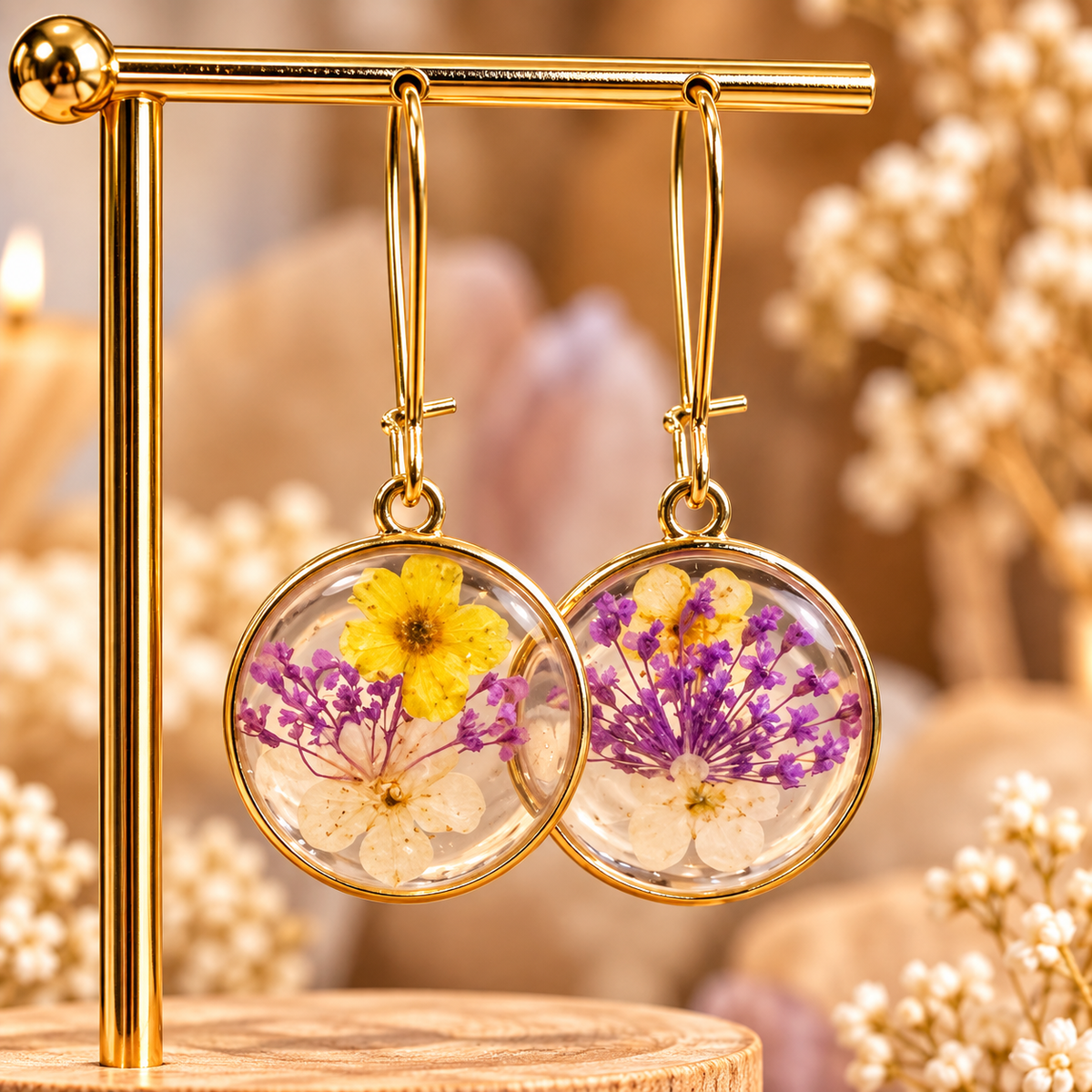 Round resin earrings with real yellow and purple pressed flowers on a gold stand - Let's Jam jewellery, Camden Market, London