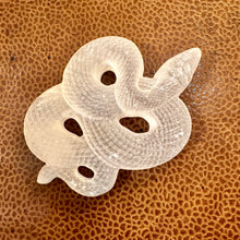 Load image into Gallery viewer, Hand-carved selenite snake resting on its own stand - Let's Jam, Camden Market

